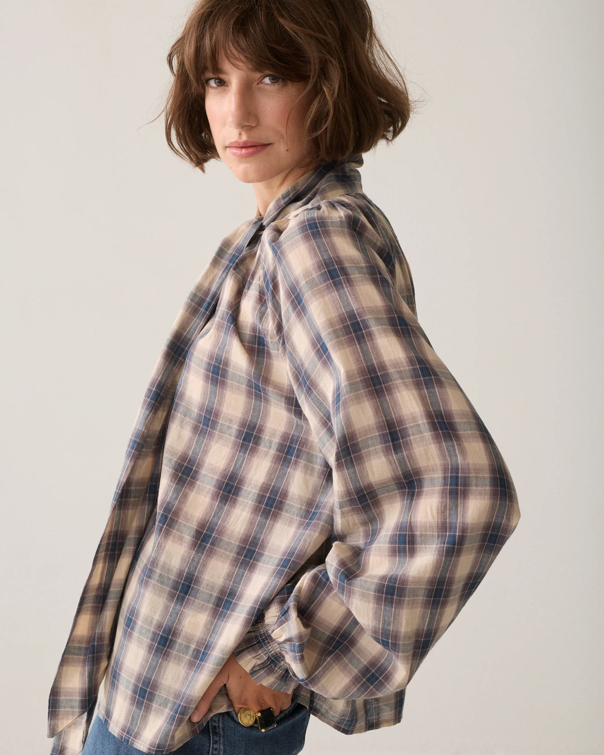 Summum katoenen top met strik in blauw zijkant