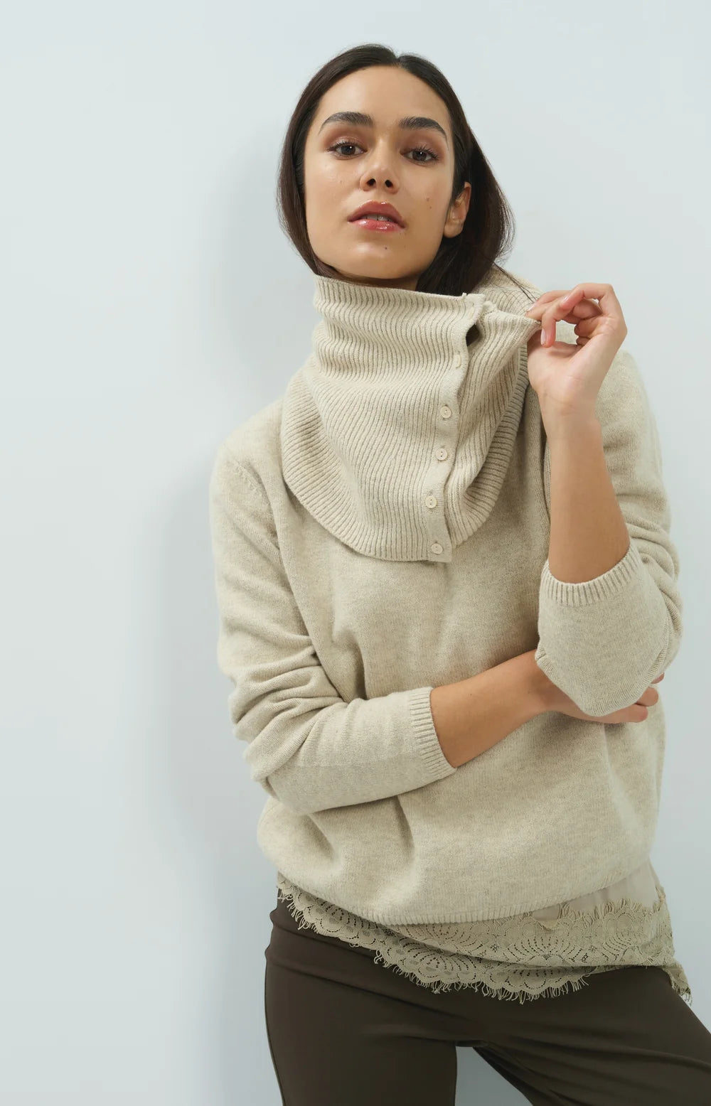 YAYA Trui Afneembare Col in Light Beige Melange