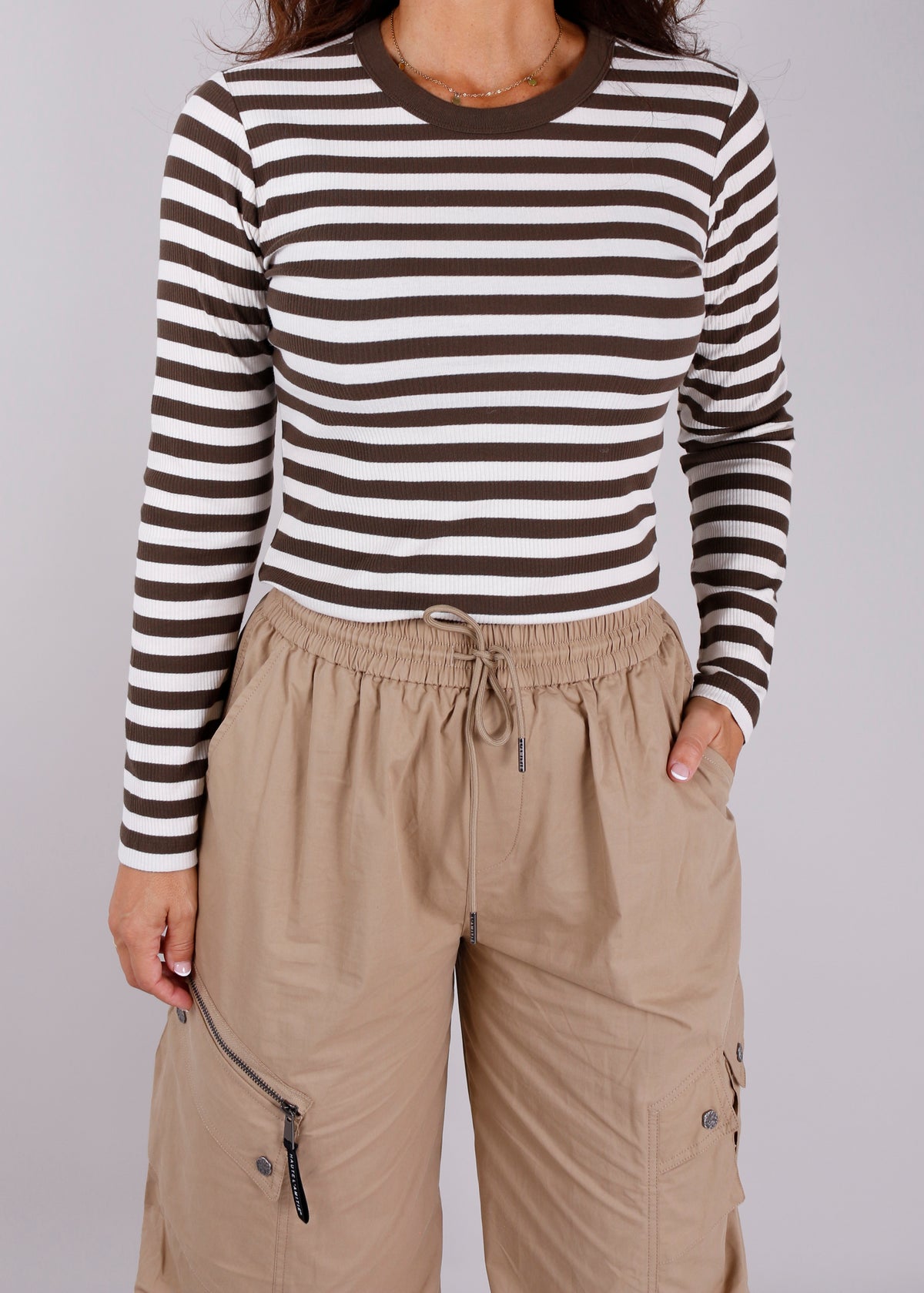 Penn & Ink longsleeve Stripe in Tabac Ecru
