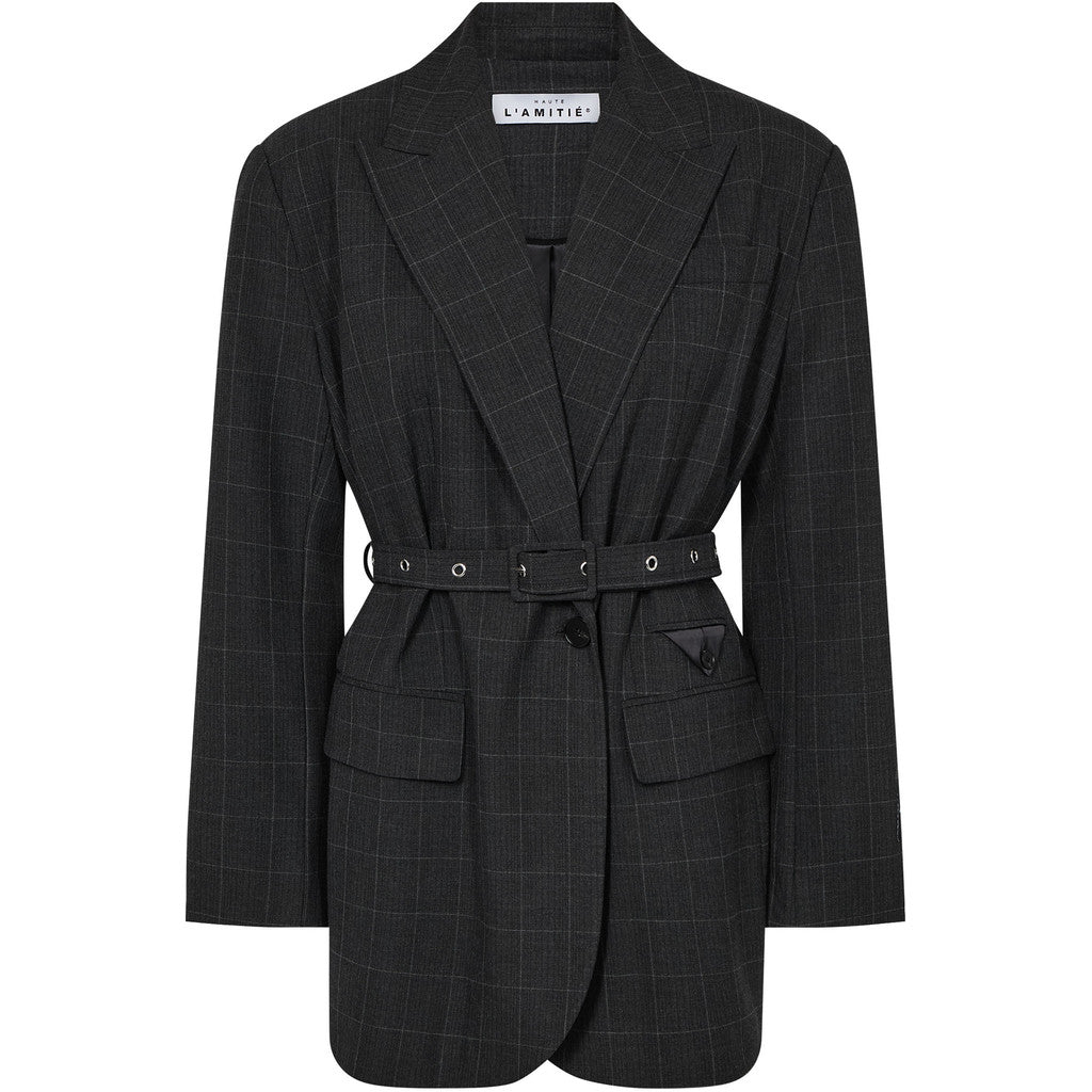 Haute L'Amitié Smokey Check Oversize Belt blazer in Antracit voorzijde