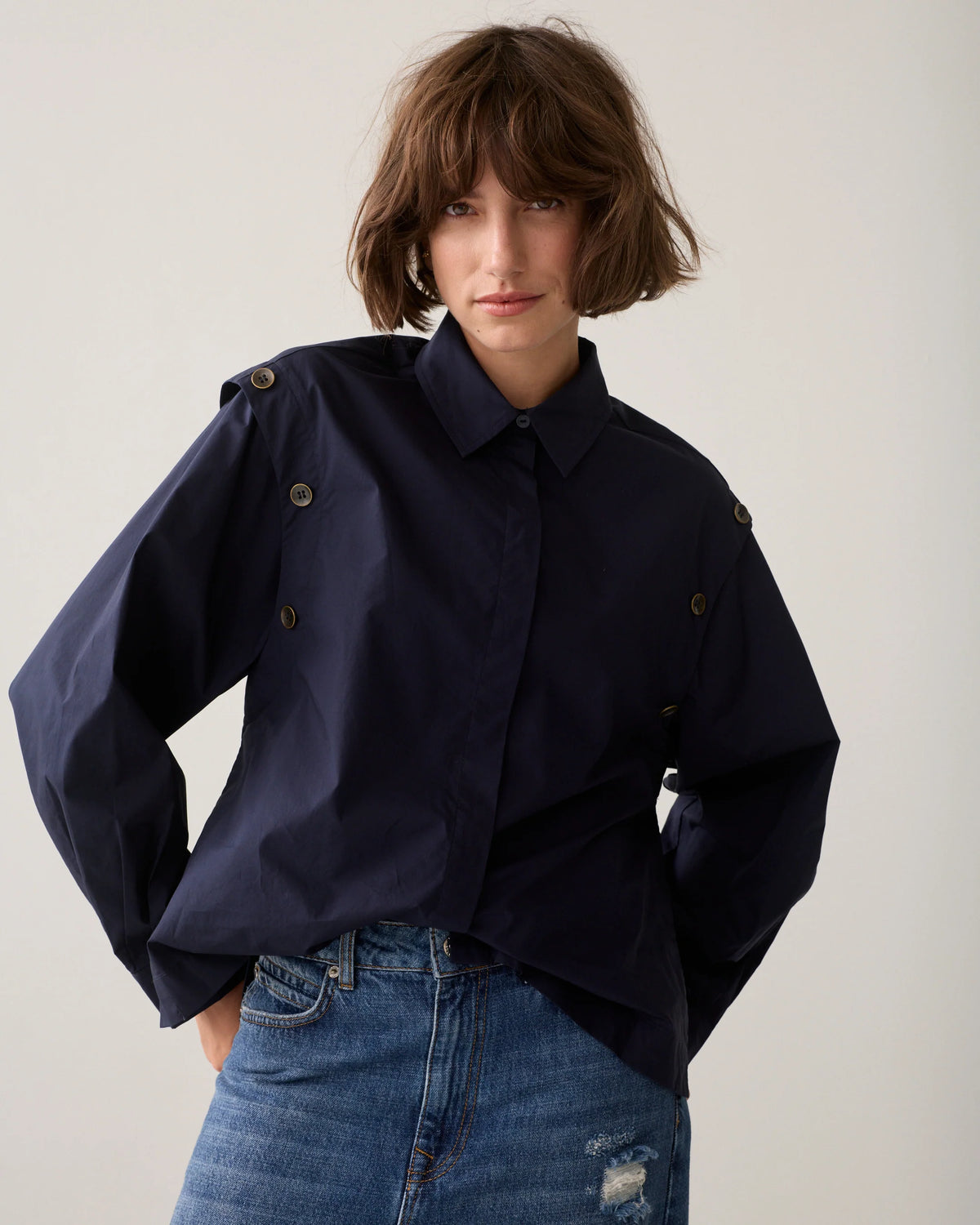 Summum blouse van crispy poplin in blauw voorzijde