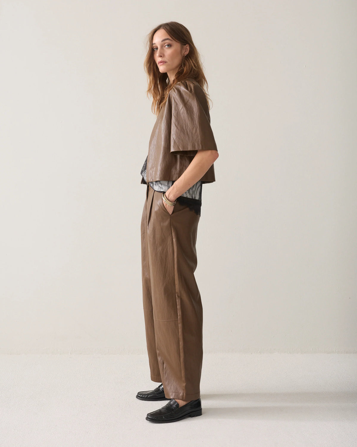 Summum Broek Balloon Fit Faux Leather in Bruin