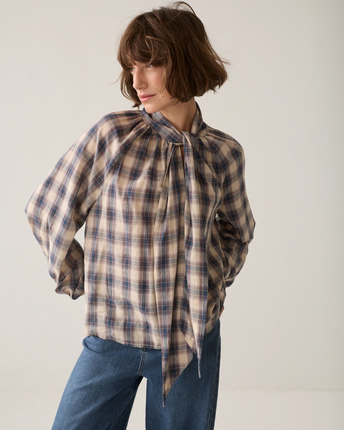 Summum katoenen top met strik in blauw voorzijde