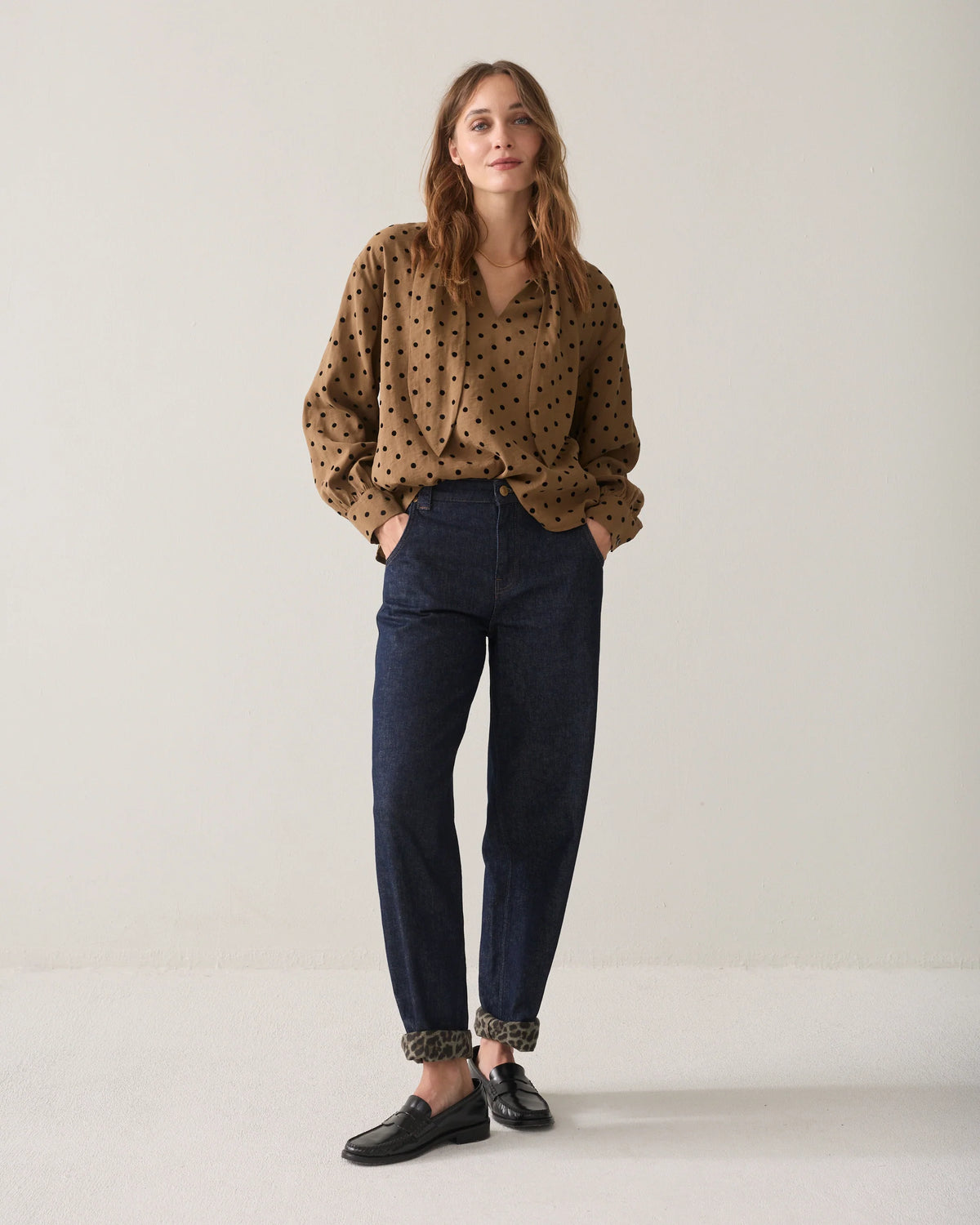Summum Top Boxy Flock Stippenprint in Bruin