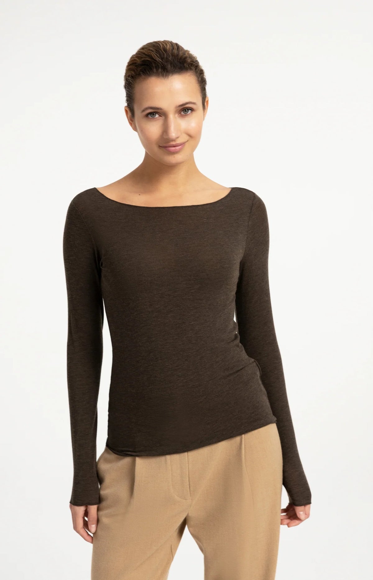 YAYA top met boothals in Slate Black Brown Melange voorzijde